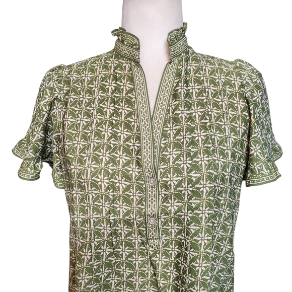 Max Studio Blouse Size XSmall Green Floral Ruffle Peasant Boho - Picture 3 of 13
